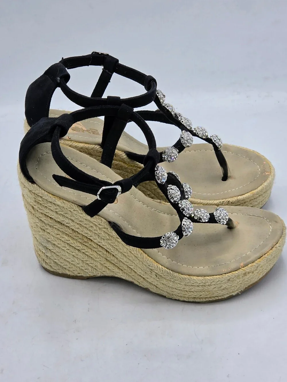 Skemo Rhinestone Espadrille Wedge Sandals Black Suede Strappy Size 7